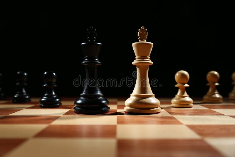 Peças de xadrez de madeira em um tabuleiro de xadrez, dois reis