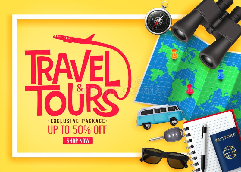 Reis en de Banner van Reizenadvertenties tot 50% van Exclusief Pakket met Vector 3D Realistisch Reizend Punt stock illustratie Reis en de Banner van Reizenadvertenties tot 50% van Exclusief Pakket met Vector 3D Realistisch Reizend Punt stock illustratie