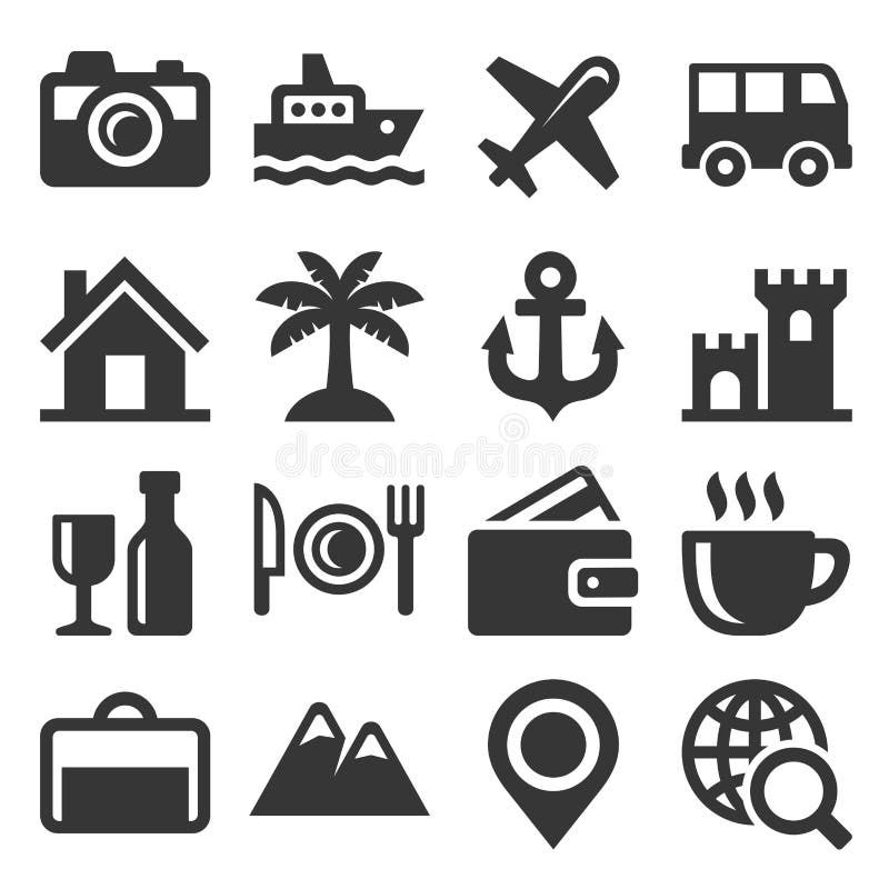 Reis en Vervoer Geplaatste Pictogrammen Vector royalty-vrije illustratie Reis en Vervoer Geplaatste Pictogrammen Vector royalty-vrije illustratie