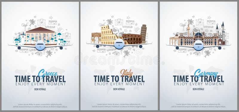 Reis naar Griekenland, Italië en Duitsland Tijd te reizen De banner met vliegtuig en hand-trekt krabbels op de achtergrond vector illustratie Reis naar Griekenland, Italië en Duitsland Tijd te reizen De banner met vliegtuig en hand-trekt krabbels op de achtergrond vector illustratie