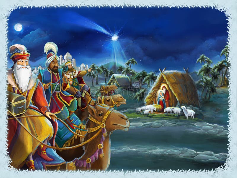 Reis religiosos da ilustração três - e família santamente - cena tradicional ilustração stock Reis religiosos da ilustração três - e família santamente - cena tradicional ilustração stock