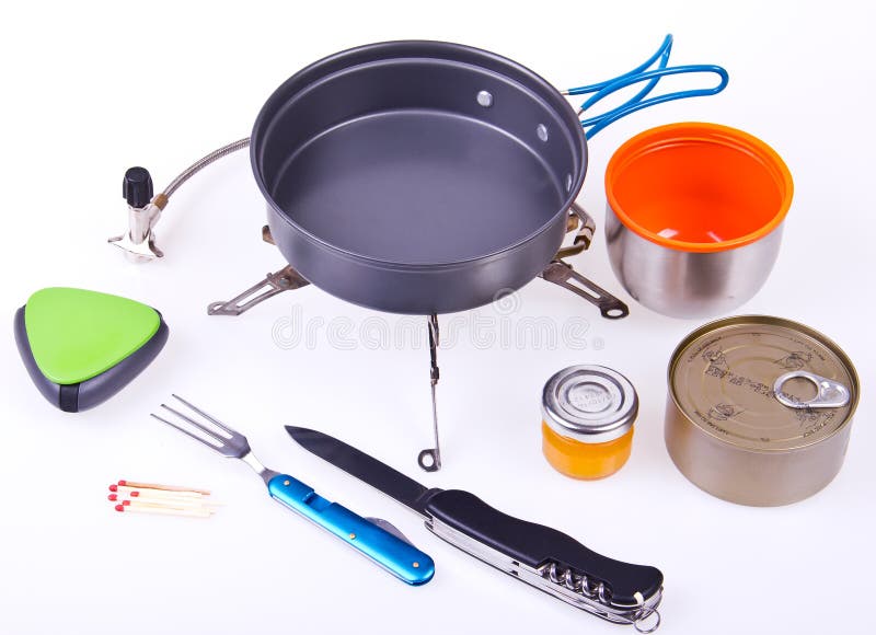 Reis voor het eten wordt geplaatst die De schoteluitrusting van de toerist Diverse professionele hulpmiddelen en punten voor in o royalty-vrije stock foto's Reis voor het eten wordt geplaatst die De schoteluitrusting van de toerist Diverse professionele hulpmiddelen en punten voor in o royalty-vrije stock foto's