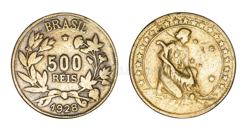 Reis 1928, värde som flankeras av kvistar, datum brasilianför silvermynt 500 under, kvinna med ymnighetshorn som omges av stjärno royaltyfri bild Reis 1928, värde som flankeras av kvistar, datum brasilianför silvermynt 500 under, kvinna med ymnighetshorn som omges av stjärno royaltyfri bild