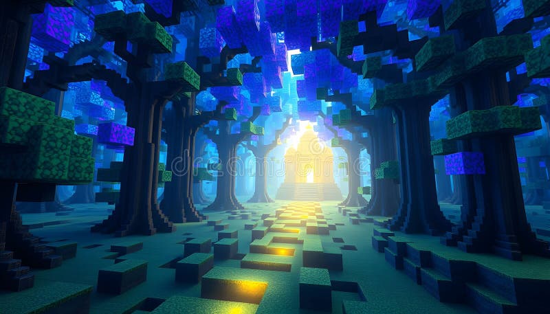 Reise durch den pixelierten Wald zu einem geheimnisvollen Golden Tempel vektor abbildung