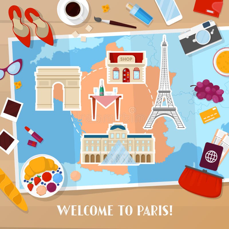 Reise nach Paris Frankreich Tourismus-und Ferien-Hintergrund mit Karte, Architektur und reisenden Ikonen lizenzfreie abbildung Reise nach Paris Frankreich Tourismus-und Ferien-Hintergrund mit Karte, Architektur und reisenden Ikonen lizenzfreie abbildung
