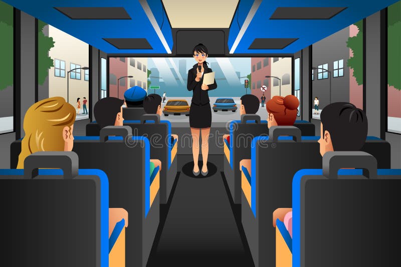 Reiseführer, der mit Touristen in einem Reisebus spricht stock abbildung Reiseführer, der mit Touristen in einem Reisebus spricht stock abbildung