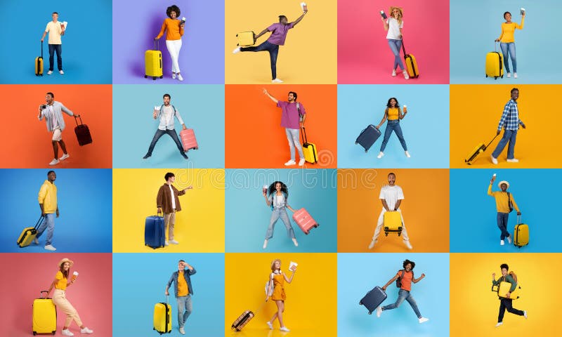 Reisende feiern Abenteuer mit bunten Gepäck und lebhaften Kulissen stockfotografie
