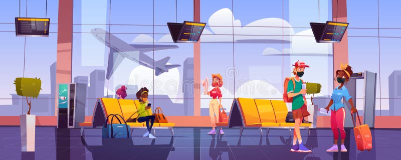 Reisende in Flughafen Wartezimmer Touristen in Maske stock abbildung