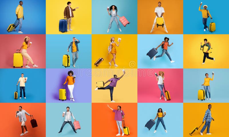 Reisende präsentieren ihre Begeisterung für Abenteuer in einer lebhaften Collage lizenzfreies stockbild