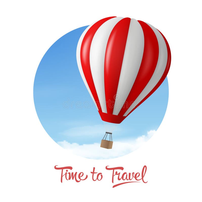 Reisezeit. Vektorbanner mit 3D-realem Heißluftballon-Symbol auf blauem Himmelshintergrund isoliert auf weißem Hintergrund. Gestalt vektor abbildung