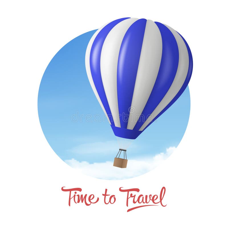 Reisezeit. Vektorbanner mit 3D-realem Heißluftballon-Symbol auf blauem Himmelshintergrund isoliert auf weißem Hintergrund. Gestalt stock abbildung