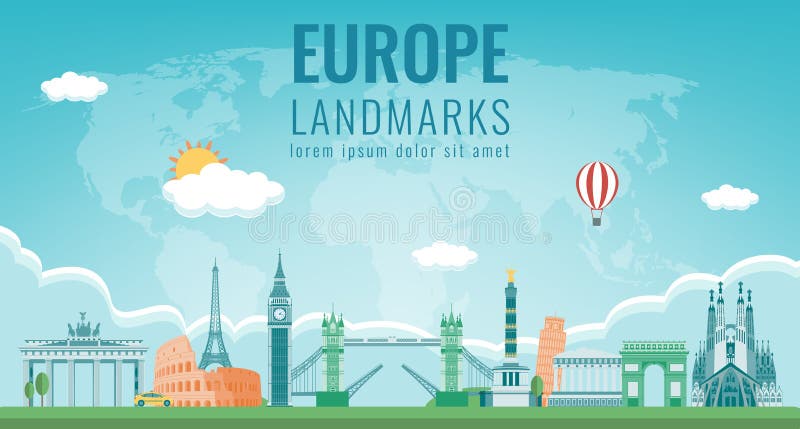 Reisezusammensetzung mit ber? hmten Europa-Marksteinen Reisen- und Tourismuskonzept Vektor lizenzfreie abbildung