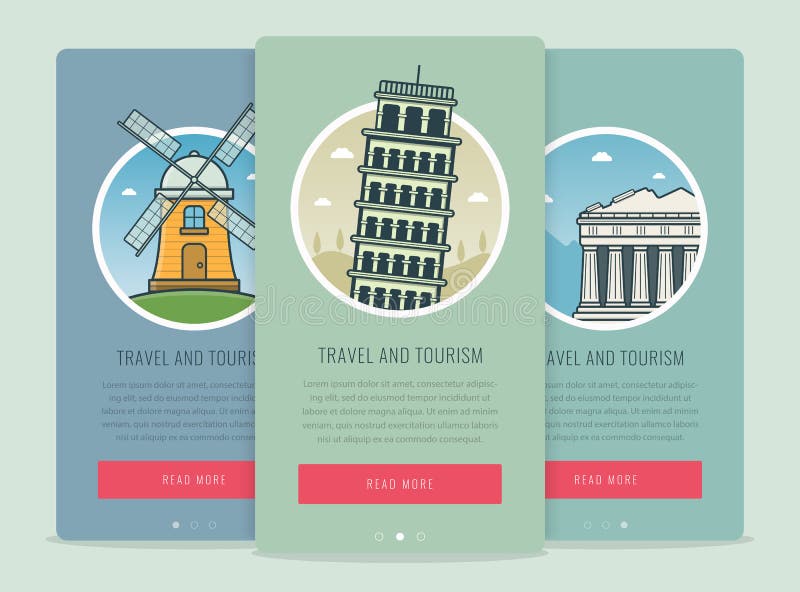Reisezusammensetzung mit berühmten Weltmarksteinen Pisa, Athen, Kinderdijk Reise und Tourismus Konzeptwebsiteschablone vektor abbildung