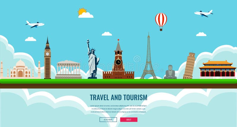 Reisezusammensetzung mit berühmten Weltmarksteinen Reise und Tourismus Konzeptwebsiteschablone Auch im corel abgehobenen Betrag Modernes flaches Design
