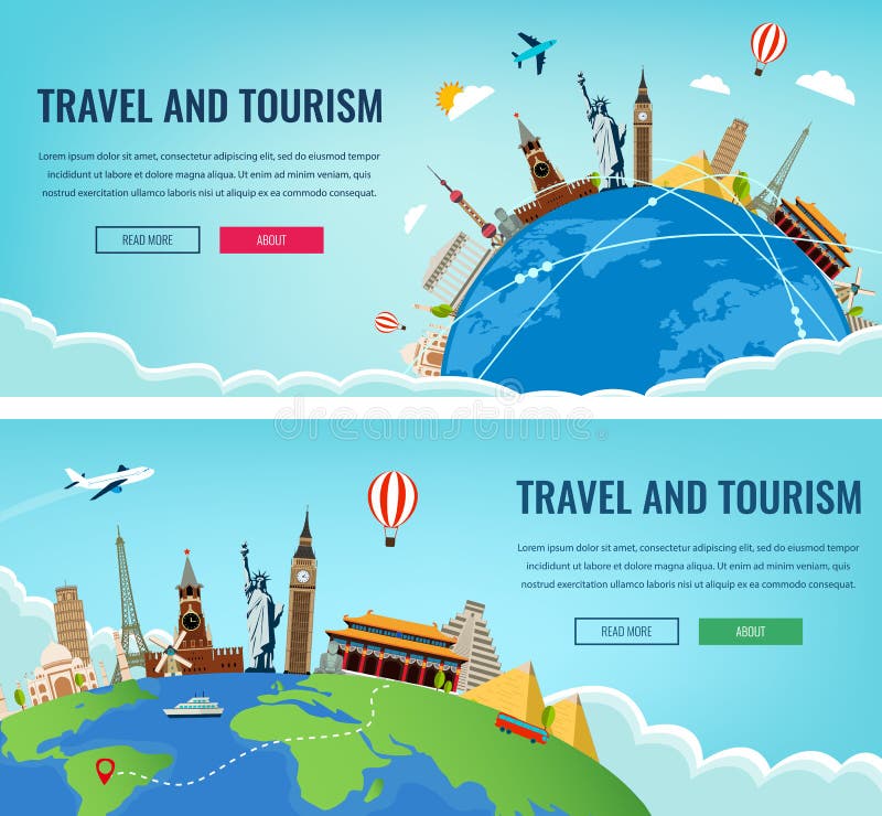Reisezusammensetzung mit berühmten Weltmarksteinen Reise und Tourismus Konzeptwebsiteschablone Auch im corel abgehobenen Betrag vektor abbildung