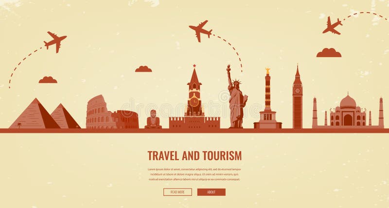 Reisezusammensetzung mit berühmten Weltmarksteinen Reise und Tourismus Konzeptwebsiteschablone Vektor stock abbildung