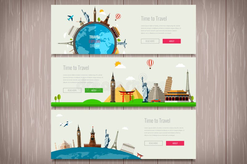 Reisezusammensetzung mit berühmten Weltmarksteinen Reise und Tourismus Konzeptwebsiteschablone Vektor Modernes flaches Design stock abbildung