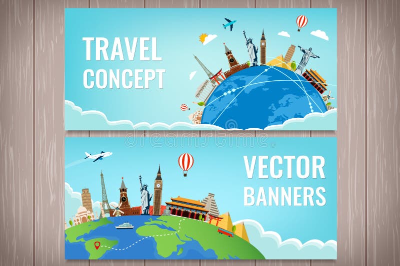 Reisezusammensetzung mit berühmten Weltmarksteinen Reise und Tourismus Konzeptwebsiteschablone Vektor Modernes flaches Design stock abbildung