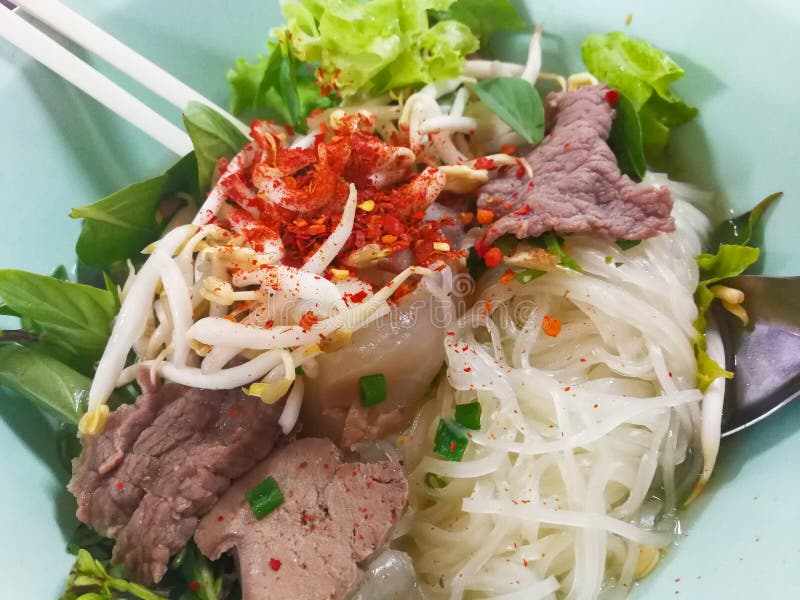 ReisNudelsuppe mit gedämpftem Schweinefleisch lizenzfreie stockbilder ReisNudelsuppe mit gedämpftem Schweinefleisch lizenzfreie stockbilder