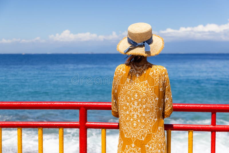Reisvrouw geniet van zeezicht tijdens de zomertijd