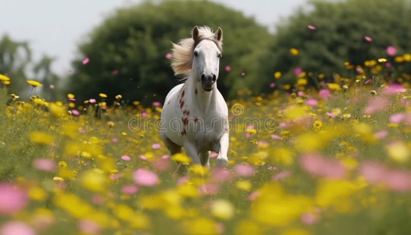Reiten durch ein lebendiges Blumenfeld auf dem Rücken eines majestätischen Pferdes vektor abbildung