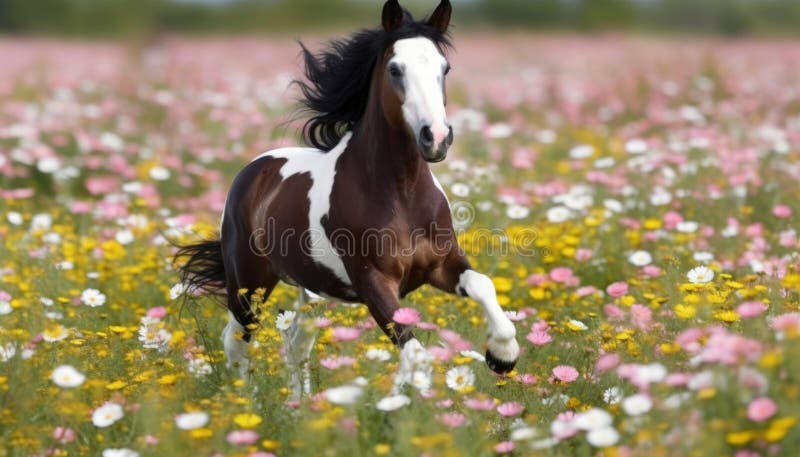 Reiten durch ein lebendiges Blumenfeld auf dem Rücken eines majestätischen Pferdes stock abbildung
