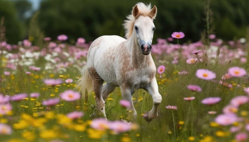 Reiten durch ein lebendiges Blumenfeld auf dem Rücken eines majestätischen Pferdes lizenzfreie abbildung