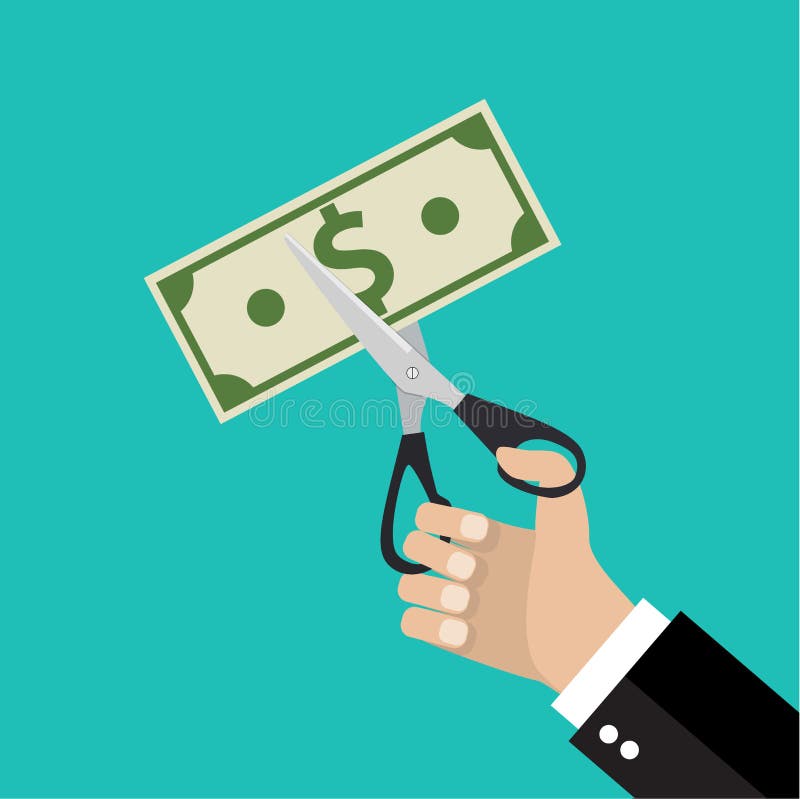 Rekening van het hand de scherpe geld in de helft met schaar stock illustratie Rekening van het hand de scherpe geld in de helft met schaar stock illustratie