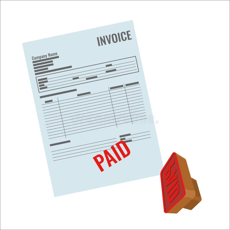 Invoice vector bill with red paid stamp close-up realistic illustration. Payment is made, rubber stamp near document. Invoice vector bill with red paid stamp close-up realistic illustration. Payment is made, rubber stamp near document