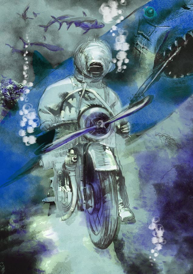 Rekiny - ręka rysująca rocznik ilustracja, walczący nurek z harpunu obsiadaniem na motocyklu royalty ilustracja Rekiny - ręka rysująca rocznik ilustracja, walczący nurek z harpunu obsiadaniem na motocyklu royalty ilustracja