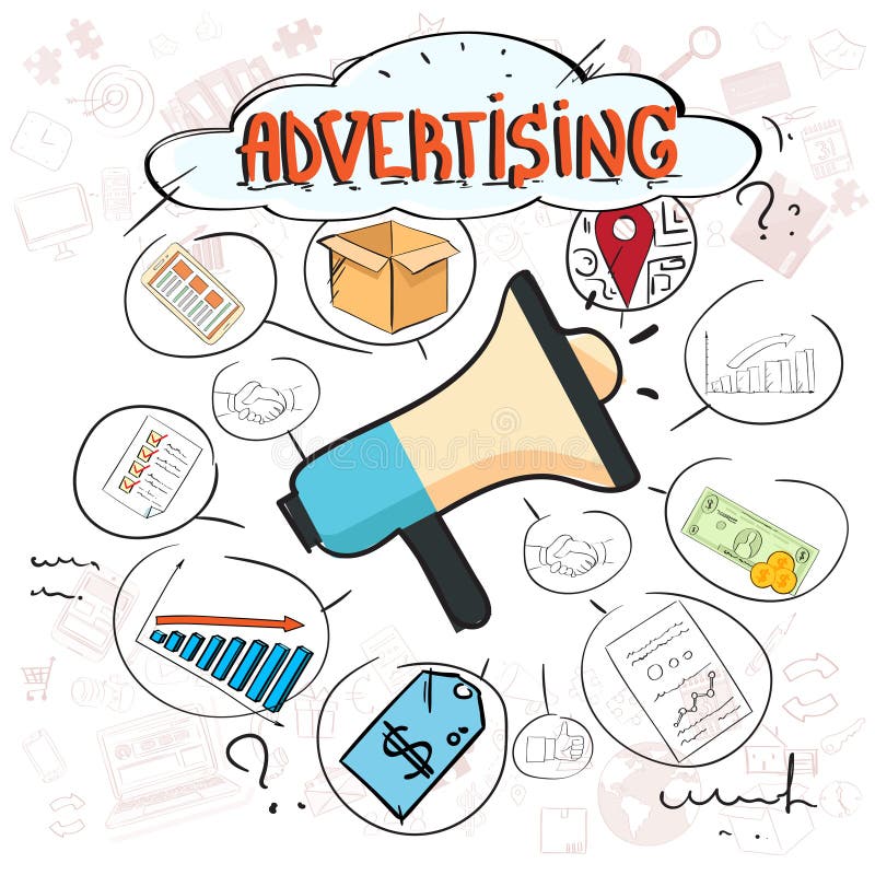Reklamować Cyfrowego Doodle ręki remisu nakreślenia Marketingowego Promocyjnego tło royalty ilustracja Reklamować Cyfrowego Doodle ręki remisu nakreślenia Marketingowego Promocyjnego tło royalty ilustracja
