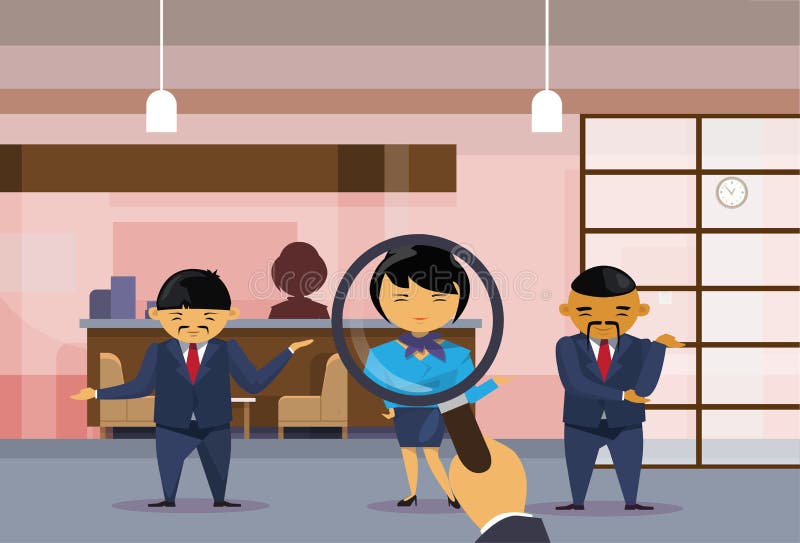 Rekrutacyjny ręka chwyta Powiększać - szklany Wybiera bizneswoman Od grupy Azjatyccy ludzie biznesu Podnosi kandydata Dla ilustracji Rekrutacyjny ręka chwyta Powiększać - szklany Wybiera bizneswoman Od grupy Azjatyccy ludzie biznesu Podnosi kandydata Dla ilustracji
