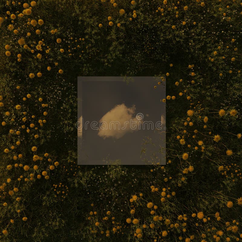Rektangulär spegel som reflekterar ett vitt moln och omges av gula dandelioner. platt naturstil vektor illustrationer