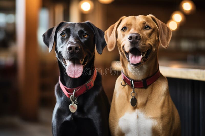 related canines with personalized collars standing beside each other