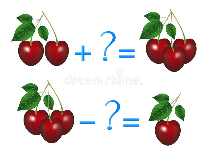 Relations d'action de l'addition et de la soustraction, exemples avec des cerises Jeu éducatif pour des enfants illustration stock Relations d'action de l'addition et de la soustraction, exemples avec des cerises Jeu éducatif pour des enfants illustration stock
