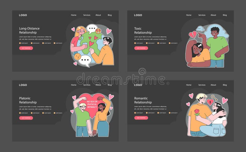 Relationships web or landing dark or night mode set. Diverse interpersonal vector illustration