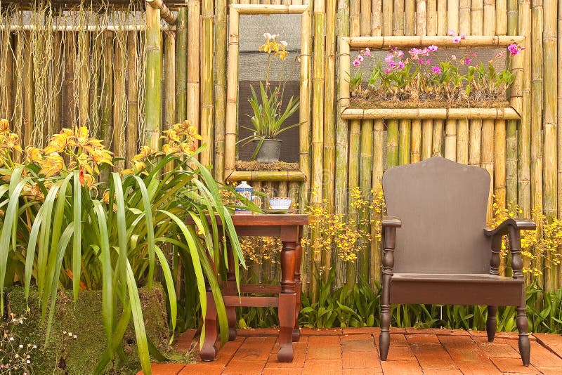 Relax corner in countryside Thai house. Decorative, private.