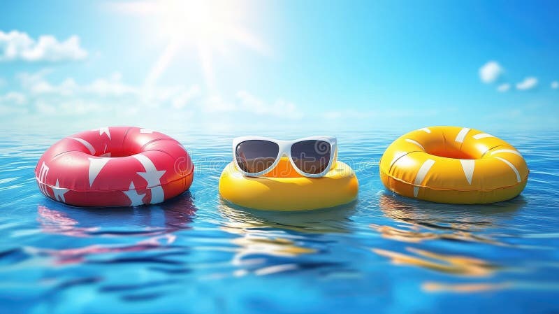 Relaxare de vară Inele gonflabile strălucitoare și ochelari de soare plutind pe apă albastră calmă stock images