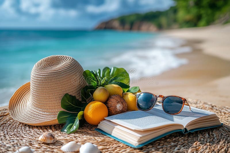 Relaxare tropical plaja setup cu sunhat carte fructe și ochelari de soare pe malul nisipos cu valuri de ocean stock illustration