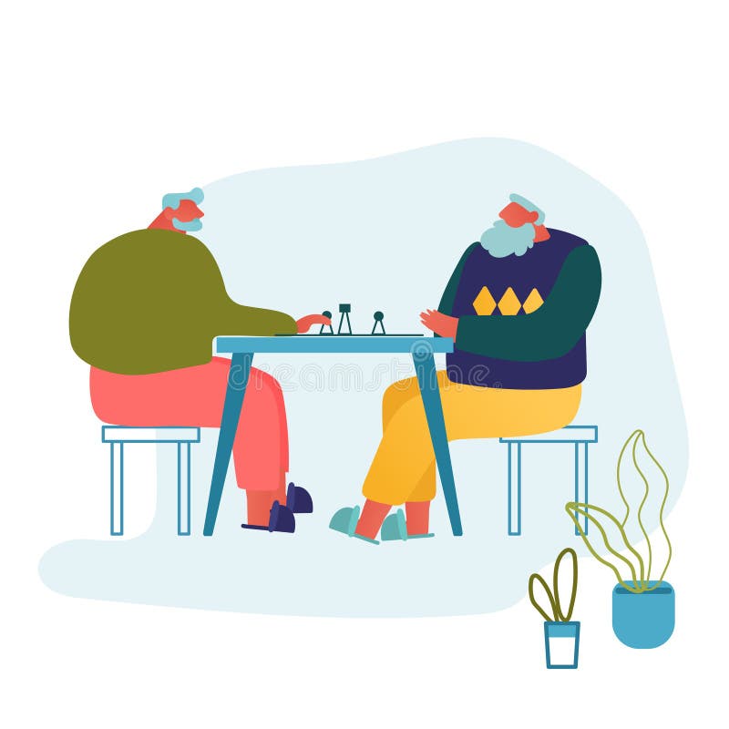 Relaxarea vârstnicilor care joacă șah în azil. doi pensionari petrecând timp împreună la jocul intelectual royalty free illustration