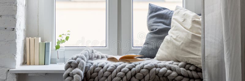 Relaxation area on wooden windowsill. Relaxation area with books, pillows and cozy blanket on a wooden windowsill, panorama