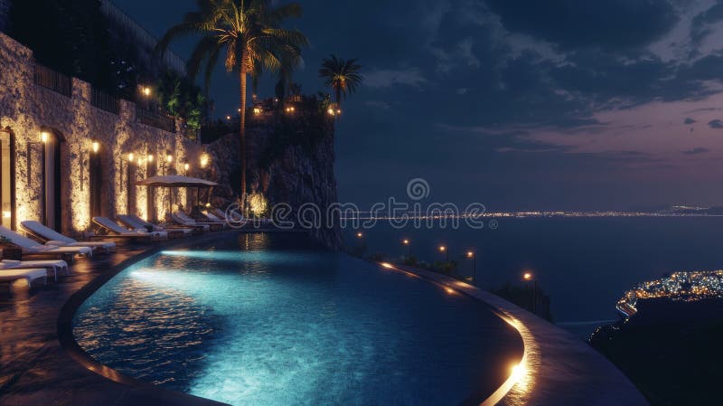 Relaxation awaits at a luxury villa with an infinity pool overlooking a coastal cliffside at sunset royalty free stock photo