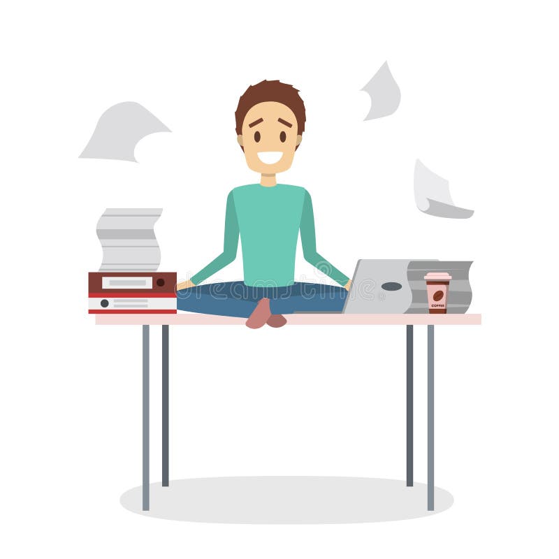 Businessman Meditating In A Lotus Pose On The Desk Stock Vector
