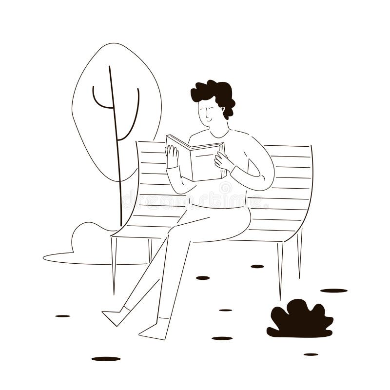 Relaxed Doodle Man Sitting and Reading Book on Bench. Concept of Calm ...