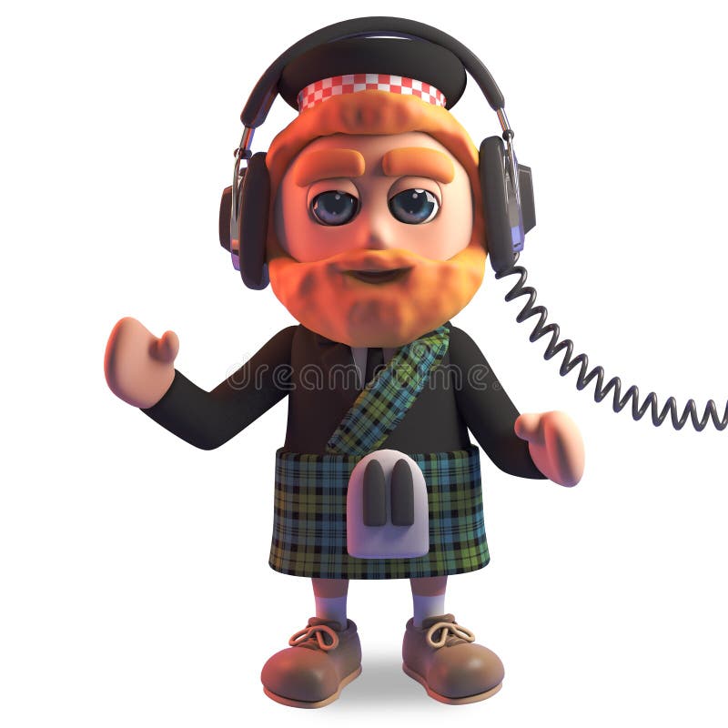 Relaxed Scottish man in traditional kilt listening to music on his headphones, 3d illustration royalty free illustration Relaxed Scottish man in traditional kilt listening to music on his headphones, 3d illustration royalty free illustration