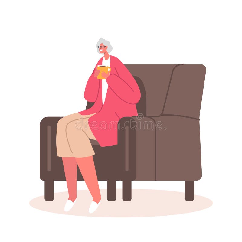 Relaxed Senior Grey Haired Woman in Glasses Sitting in Comfortable Chair Drinking Tea Isolated on White Background. Aged Female Character Sparetime, Leisure at Home. Cartoon People Vector Illustration