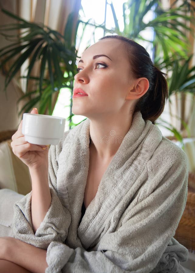 Relaxed Woman Drinking Tea at Spa Resort Stock Image - Image of ...