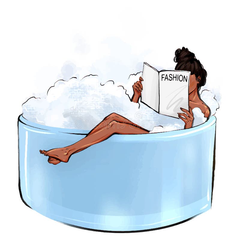 Relaxed woman taking bath reading fashion magazine vector illustration. Female lying in foam bubbles holding journal isolated on