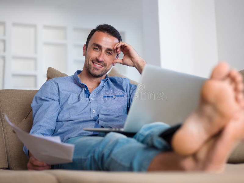 Couple Work on Laptop Computer at Modern Home Stock Image - Image of ...