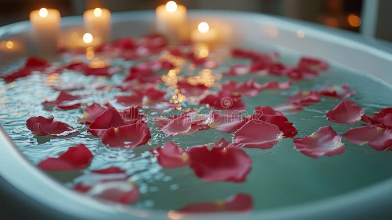 A tranquil bath filled with warm water and scattered rose petals sets a calming atmosphere. Soft candlelight enhances the relaxation, perfect for unwinding and. Pampering experience stock images, royalty-free photos and pictures